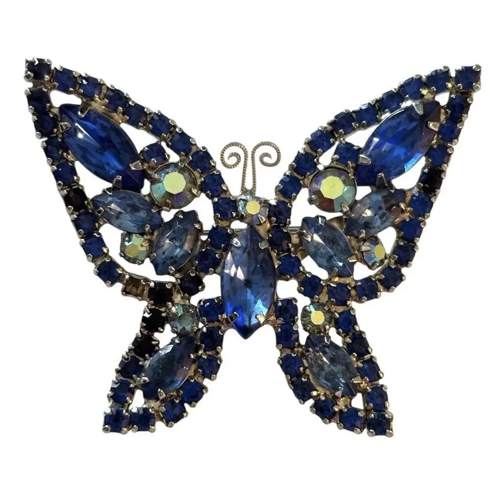 Weiss Signed Blue Aurora Borealis Rhinestone Figural Butterfly Brooch Pin Vtg